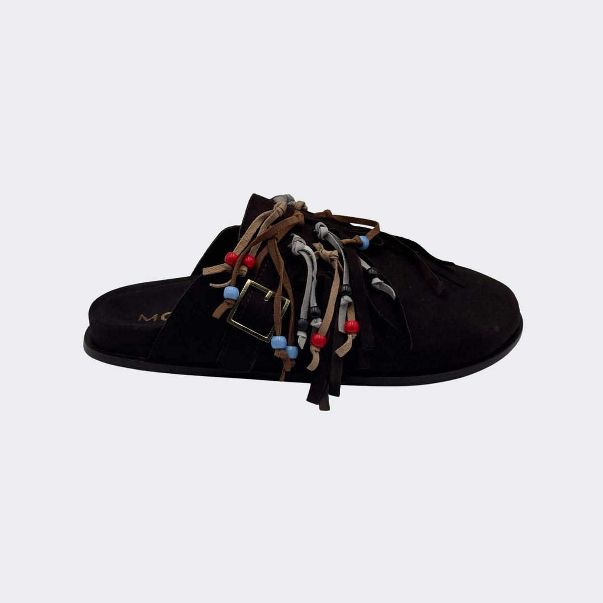 MOSAIC ABEBA sabot donna in camoscio marrone con frange e perline -p/e 2026