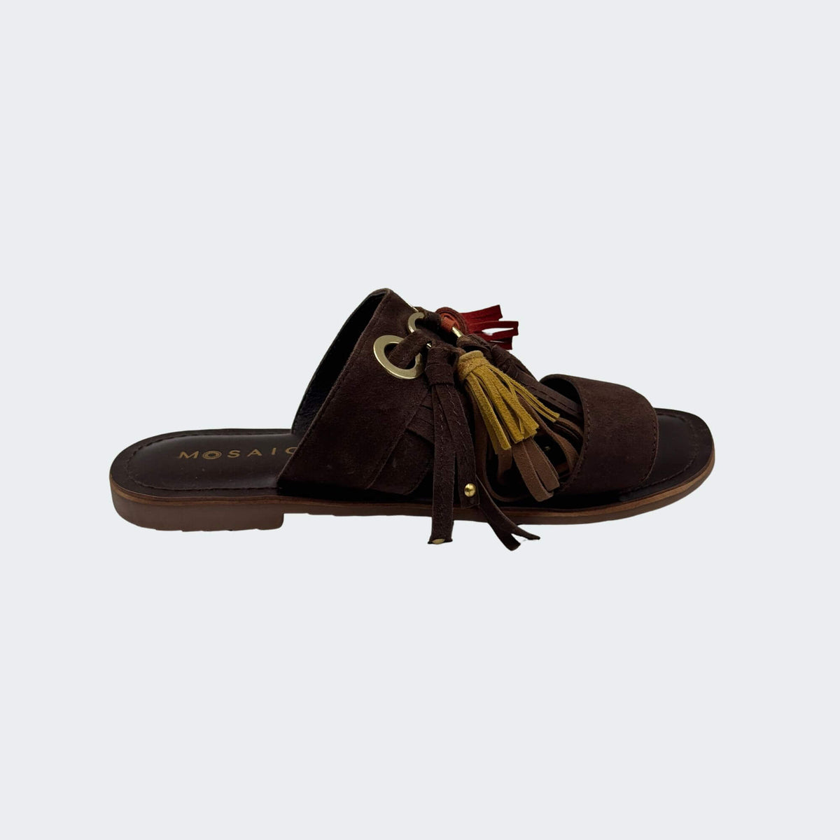 MOSAIC DE1353 sandalo ciabatta donna in camoscio marrone con frange colorate -p/e 2026