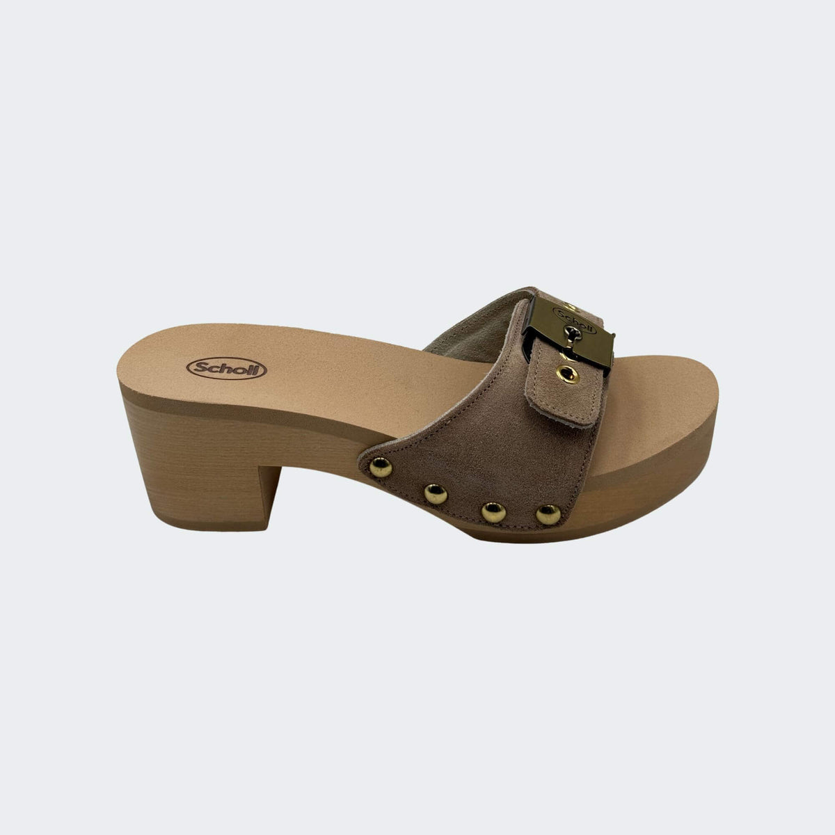 Scholl PESCURA IBIZA zoccolo donna in camoscio con base in legno e borchie - p/e 2026